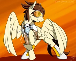 Size: 1024x819 | Tagged: safe, artist:tlatophat, derpibooru import, ponified, pegasus, pony, bomber jacket, clothes, ear fluff, female, goggles, grin, jacket, looking back, mare, overwatch, raised hoof, smiling, solo, tracer