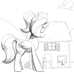 Size: 700x700 | Tagged: safe, artist:goat train, deleted from derpibooru, derpibooru import, oc, oc:cumulonimbus, unofficial characters only, pony, building, giant pony, looking down, macro, monochrome, size difference, sketch