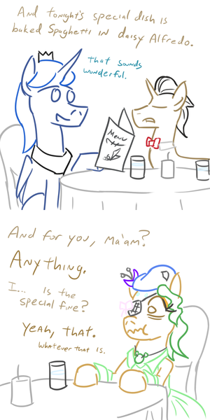 Size: 800x1600 | Tagged: artist:jargon scott, comic, derpibooru import, diner, nervous, oc, oc:baroness, prince artemis, princess luna, restaurant, rule 63, safe, waiter