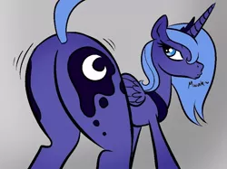 Size: 838x626 | Tagged: suggestive, artist:okiedokielowkey, derpibooru import, princess luna, alicorn, pony, butt shake, duckface, featureless crotch, female, kiss my ass, large butt, moonbutt, plot, s1 luna, solo, solo female, the ass was fat, twerking