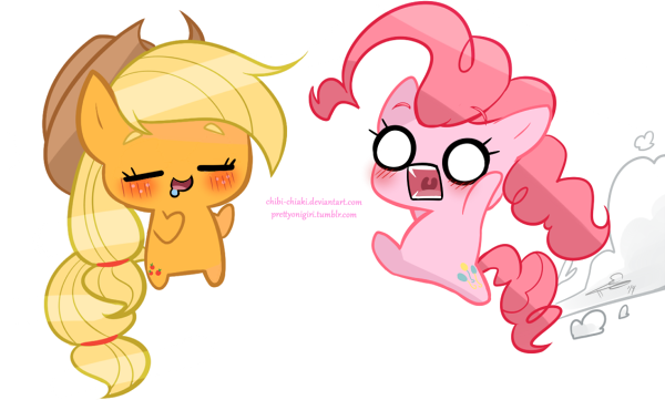 Size: 600x361 | Tagged: safe, artist:chokico, derpibooru import, applejack, pinkie pie, chibi