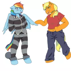 Size: 1000x1000 | Tagged: safe, artist:wolfehkitteh, derpibooru import, applejack, rainbow dash, anthro, appledash, arm behind back, ball and chain, bondage, clothes, female, hoers, lesbian, prison outfit, prison stripes, prisoner rd, shackles, shipping