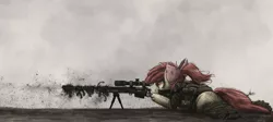 Size: 2000x892 | Tagged: safe, artist:ncmares, derpibooru import, apple bloom, cyborg, earth pony, pony, fanfic, fanfic:night mares, bipod, camouflage, clothes, fanfic art, female, filly, foal, gun, hooves, lying down, optical sight, prone, rifle, shooting, sniper, sniper rifle, solo, weapon