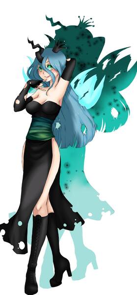 Size: 1162x2500 | Tagged: artist:malice-artworks, derpibooru import, horned humanization, human, humanized, queen chrysalis, safe, solo, winged humanization