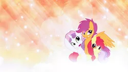 Size: 1920x1080 | Tagged: alternate hairstyle, apple bloom, artist:divideddemensions, artist:serenawyr, cutie mark crusaders, derpibooru import, safe, scootaloo, sweetie belle, vector, wallpaper