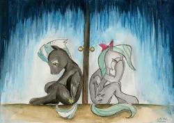 Size: 2296x1623 | Tagged: safe, artist:souleatersaku90, derpibooru import, flitter, thunderlane, pegasus, pony, crying, door, duo, fanfic art, mare, sad, sitting, stallion, the simple life, traditional art, watercolor painting