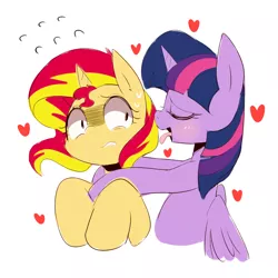 Size: 1200x1200 | Tagged: suggestive, artist:maren, derpibooru import, sunset shimmer, twilight sparkle, twilight sparkle (alicorn), alicorn, pony, unicorn, blushing, eyes closed, female, gritted teeth, heart, lesbian, licking, open mouth, shipping, smiling, sunsetsparkle, sweat, tongue out, wide eyes