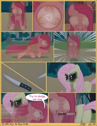 Size: 2550x3300 | Tagged: grimdark, artist:j5a4, derpibooru import, fluttershy, pinkie pie, earth pony, pegasus, pony, comic:the rose of life, blood, butt, comic, crying, female, fight, glowing eyes, knife, mare, mouth hold, pinkamena diane pie, plot, possessed, possession, tears of blood