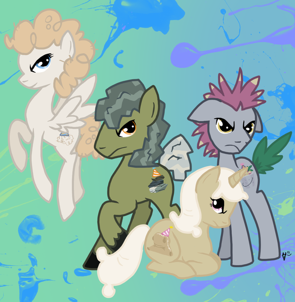 Size: 1398x1429 | Tagged: safe, artist:frostheartissiamese, derpibooru import, madame le flour, mr. turnip, rocky, sir lintsalot, ponified, earth pony, pegasus, pony, unicorn, abstract background, quartet