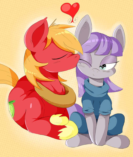 Size: 1239x1464 | Tagged: safe, artist:purple-yoshi-draws, derpibooru import, big macintosh, maud pie, earth pony, pony, :t, blushing, cute, heart, kiss on the cheek, kissing, macinmaud, male, prone, shipping, sitting, smiling, stallion, straight, traditional art, wink