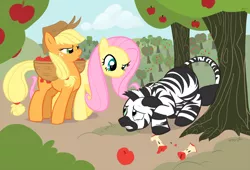 Size: 1200x818 | Tagged: applejack, artist:javkiller, derpibooru import, fluttershy, oc, safe, zebra