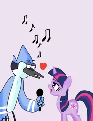 Size: 786x1017 | Tagged: artist:kaiamurosesei, crossover, crossover shipping, derpibooru import, heart, love, microphone, mordecai, mordetwi, regular show, safe, shipping, twilight sparkle