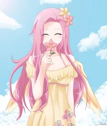 Size: 3000x3500 | Tagged: artist:srtagiuu, blushing, cloud, cloudy, cute, eyes closed, flower, flower in hair, fluttershy, human, humanized, safe, shyabetes, sky, smiling, solo, srtagiuu is trying to murder us, winged humanization