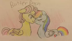 Size: 900x512 | Tagged: artist:fallenangel5414, blushing, butterdash, butterscotch, derpibooru import, eyes closed, female, floppy ears, fluffy, fluttershy, half r63 shipping, imminent kissing, male, nuzzling, rainbow dash, rule 63, safe, shipping, smiling, straight