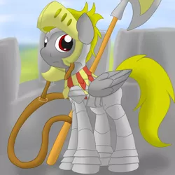 Size: 2600x2600 | Tagged: safe, artist:flashiest lightning, derpibooru import, oc, unofficial characters only, pegasus, pony, armor, castle, daytime, fantasy class, guard, halberd, helmet, knight, male, solo, warrior, wings
