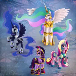 Size: 1500x1497 | Tagged: safe, artist:dutchgirl626, artist:rosieu, derpibooru import, princess cadance, princess celestia, princess luna, twilight sparkle, twilight sparkle (alicorn), alicorn, pony, alicorn tetrarchy, alternate hairstyle, armor, female, mare, spread wings, warrior cadance, warrior celestia, warrior luna, warrior twilight sparkle