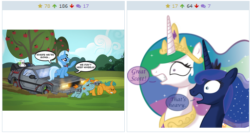 Size: 513x274 | Tagged: safe, artist:inkrose98, artist:pixelkitties, derpibooru import, princess celestia, princess luna, snails, snips, trixie, pony, unicorn, derpibooru, apple, back to the future, car, cloud, cloudy, delorean, exploitable meme, female, flower, great scott, juxtaposition, juxtaposition win, mare, meme, meta, pulled-up dirt, quote, reference, tree