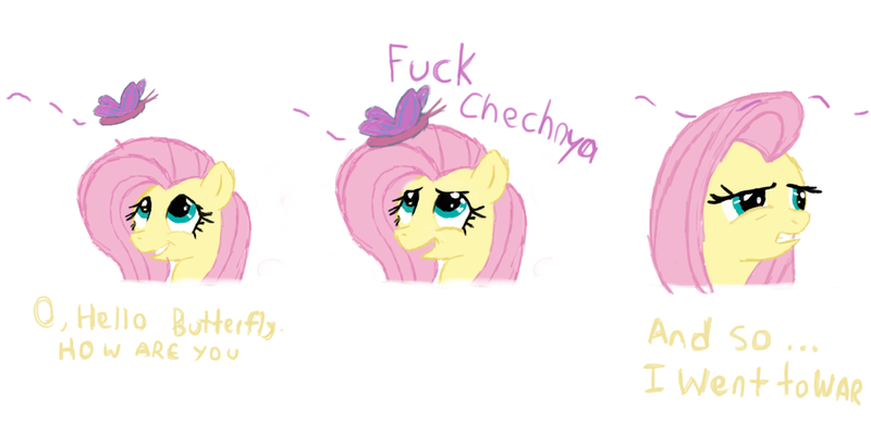 Size: 1200x600 | Tagged: artist needed, butterfly, chechnya, derpibooru import, fluttershy, glare, grin, gritted teeth, open mouth, questionable, smiling, vulgar