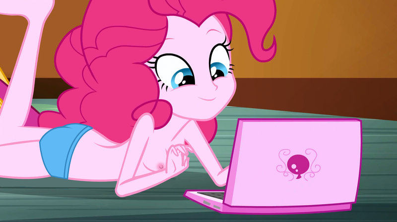 Size: 1904x1064 | Tagged: questionable, derpibooru import, edit, edited edit, edited screencap, editor:slayerbvc, screencap, pinkie pie, human, equestria girls, rainbow rocks, barefoot, breast edit, breasts, clothes, computer, feet, female, laptop computer, lying down, nipples, nude edit, nudity, panties, partial nudity edit, prone, smiling, solo, solo female, topless, topless edit, underwear, underwear edit