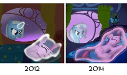 Size: 1680x1000 | Tagged: safe, artist:advanceddefense, derpibooru import, trixie, twilight sparkle, pony, unicorn, twilight unbound, art evolution, comparison, draw this again, evil grin, female, magic, mare, sleeping, sleeping in the nude, tumblr