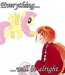 Size: 646x751 | Tagged: artist:kurabayashi, boop, crossover, derpibooru import, fluttershy, kenshin himura, kindness, photoshop, rurouni kenshin, safe, smiling, text edit