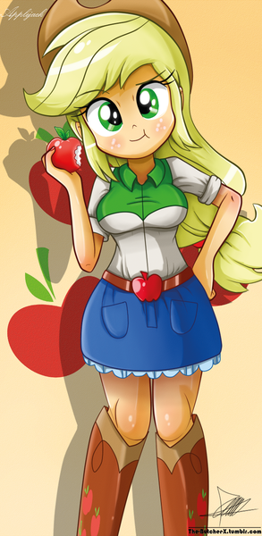 Size: 645x1321 | Tagged: safe, alternate version, artist:the-butch-x, derpibooru import, part of a set, applejack, equestria girls, apple, beautiful, beautiful x, cute, cutie mark, cutie mark on equestria girl, eating, explicit source, hand on hip, jackabetes, nail polish, solo