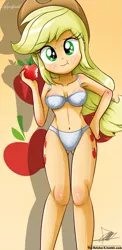 Size: 645x1321 | Tagged: suggestive, alternate version, artist:the-butch-x, derpibooru import, applejack, equestria girls, adorasexy, apple, armpits, beautiful, beautiful x, belly button, bra, breasts, clothes, cute, cutie mark, cutie mark on equestria girl, eating, erect nipples, female, frilly underwear, hand on hip, jackabetes, nail polish, panties, sexy, solo, solo female, underass, underwear, white underwear