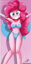 Size: 649x1321 | Tagged: suggestive, alternate version, artist:the-butch-x, derpibooru import, pinkie pie, equestria girls, adorasexy, armpits, beautiful, beautiful x, belly button, blue underwear, bra, breasts, cleavage, clothes, cute, cutie mark, cutie mark on equestria girl, diapinkes, erect nipples, female, grin, legs, panties, sexy, smiling, solo, solo female, underass, underwear