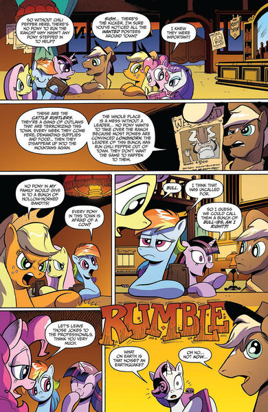 Size: 900x1384 | Tagged: safe, artist:andypriceart, derpibooru import, idw, applejack, fluttershy, pinkie pie, rainbow dash, rarity, sheriff tumbleweed, twilight sparkle, twilight sparkle (alicorn), alicorn, goat, pony, spoiler:comic, spoiler:comic25, andy you magnificent bastard, comic, female, idw advertisement, male, mane six, mare, official comic, preview, sheriff, speech bubble, stallion, star (coat marking)