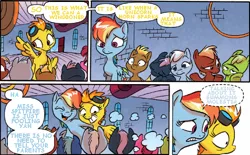 Size: 512x317 | Tagged: safe, artist:jay fosgitt, derpibooru import, edit, idw, princess celestia, rainbow dash, spitfire, pegasus, pony, princess molestia, friends forever, spoiler:comic, spoiler:comicff11, comic, goggles, text edit, wingboner