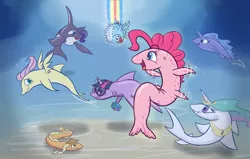 Size: 1280x815 | Tagged: applejack, artist:heir-of-rick, blowfish, cute little fangs, derpibooru import, dolphin, eel, fangs, fish, fishified, fluttershy, glasses, horn, mane six, maybe salmon, not salmon, orca, pike (fish), pinkie pie, pinkie pike, princess celestia, princess luna, princess tuna, puffer fish, rainbow dash, rarity, safe, school shark, shark, sharkified, sharklestia, species swap, tuna, twilight sharkle, twilight sparkle, underwater, wat, wings