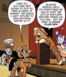 Size: 714x832 | Tagged: source needed, useless source url, safe, artist:andypriceart, derpibooru import, idw, blazing saddle, rarity, sheriff tumbleweed, earth pony, pony, unicorn, spoiler:comic, spoiler:comic25, andy you magnificent bastard, blazing saddles, clothes, cowboy hat, cropped, female, hat, idw advertisement, male, mare, official comic, old yeller, raised hoof, shirt, speech bubble, stallion