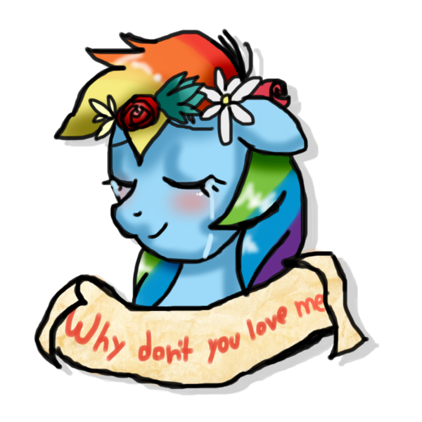 Size: 1000x1000 | Tagged: safe, artist:stockingstreams, derpibooru import, rainbow dash, blushing, crying, eyes closed, floral head wreath, flower, messy mane, old banner, rejection, sad, simple background, smiling, solo, transparent background