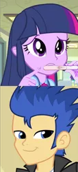 Size: 832x1818 | Tagged: safe, derpibooru import, edit, flash sentry, twilight sparkle, equestria girls, comic, exploitable meme, female, flashface, flashlight, male, meme, no eyebrows, pregnancy test, pregnancy test meme, shipping, straight, waifu thief