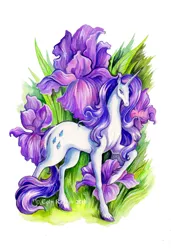 Size: 600x879 | Tagged: artist:trollgirl, classical unicorn, derpibooru import, flower, iris (flower), leonine tail, rarity, safe, traditional art, unshorn fetlocks, watercolor painting