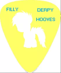 Size: 391x465 | Tagged: artist:theanimefanz, derpibooru import, derpy hooves, filly, guitar pick, safe, text