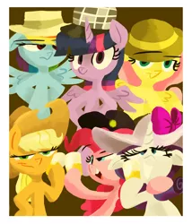 Size: 1920x2240 | Tagged: safe, artist:talonsofwater, derpibooru import, applejack, fluttershy, pinkie pie, rainbow dash, rarity, twilight sparkle, twilight sparkle (alicorn), alicorn, pony, beer, cheers, female, hat, mane six, mare