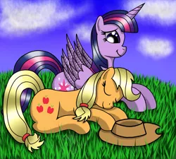 Size: 2393x2152 | Tagged: safe, artist:heartshielder1991, derpibooru import, applejack, twilight sparkle, twilight sparkle (alicorn), alicorn, pony, eyes closed, female, grass, mare, meadow, prone, smiling