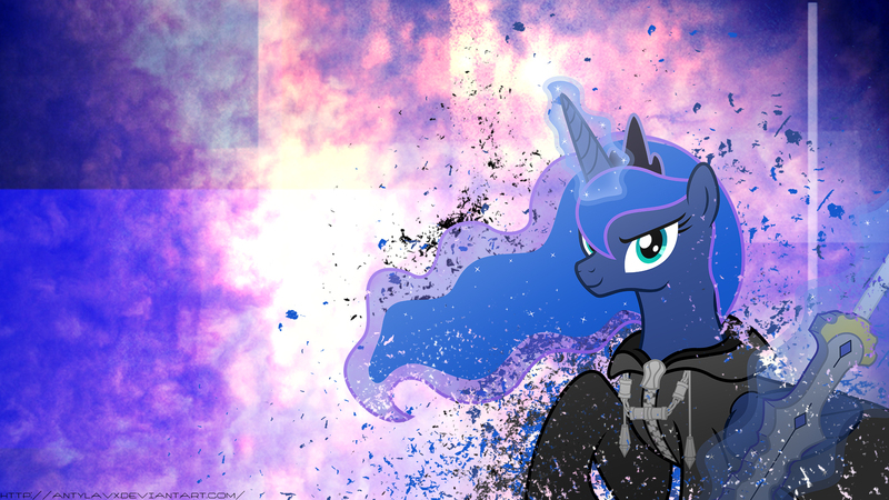 Size: 1920x1080 | Tagged: safe, artist:antylavx, artist:jackos92, derpibooru import, princess luna, alicorn, pony, clothes, coat, cosplay, costume, crossover, female, kingdom hearts, magic, mare, saïx, solo, sword, vector, wallpaper