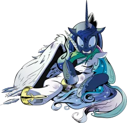 Size: 2298x2234 | Tagged: artist:andypriceart, artist:dsana, bruised, crying, derpibooru import, eyes closed, feather, floppy ears, gritted teeth, hug, injured, princess celestia, princess luna, safe, simple background, spoiler:comic, spoiler:comic17, transparent background, vector
