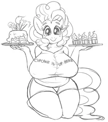 Size: 1280x1434 | Tagged: anthro, artist:celine-artnsfw, big breasts, breasts, busty pinkie pie, cake, chubby, cupcake, derpibooru import, female, looking at you, monochrome, pinkie pie, solo, solo female, suggestive