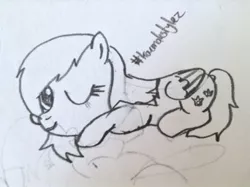 Size: 342x256 | Tagged: safe, artist:dassboshit, artist:karmakstylez, derpibooru import, pegasus, pony, cloud, drawing, looking at you, monochrome, original art, prone, smiling, solo, traditional art, wink