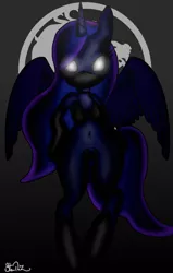 Size: 713x1120 | Tagged: anthro, artist:lennonblack, belly button, breasts, derpibooru import, female, glowing eyes, mortal kombat, noob saibot, princess luna, solo, solo female, suggestive, trace