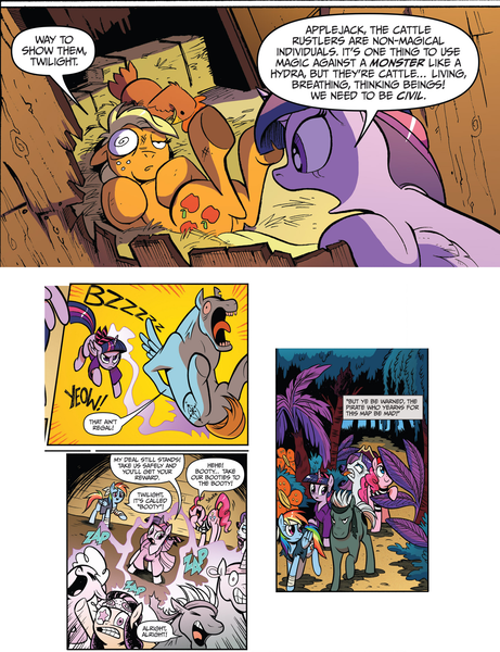 Size: 1456x1896 | Tagged: safe, artist:andypriceart, derpibooru import, idw, applejack, pinkie pie, rainbow dash, rarity, twilight sparkle, twilight sparkle (alicorn), alicorn, earth pony, pegasus, pony, spoiler:comic, spoiler:comic13, spoiler:comic25, comic, comparison, cropped, female, inconsistency, magic, male, mare, official comic, pirate, speech bubble, stallion