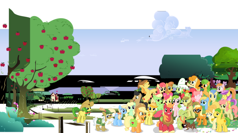 Size: 5105x2864 | Tagged: safe, artist:90sigma, artist:abydos91, artist:atmospark, artist:daringdashie, artist:mandydax, artist:rainbowplasma, derpibooru import, apple bloom, apple bumpkin, apple cider (character), apple cobbler, apple fritter, apple honey, apple munchies, apple pie (character), apple strudel, apple strudely, apple tarty, applejack, aunt orange, big macintosh, braeburn, buttercream, caramel apple, gala appleby, ginger gold, golden delicious, granny smith, jonagold, lavender fritter, marmalade jalapeno popette, mosely orange, pacific rose, peachy sweet, perfect pie, pink lady, red delicious, red gala, uncle orange, violet fritter, winona, earth pony, pony, apple family, apple family member, apple tree, background pony, clothes, collaboration, female, filly, hat, male, mare, orange wafer, saddle bag, stallion, svg, the oranges, tree, vector, wallpaper