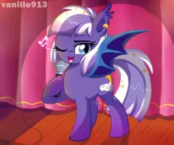 Size: 1280x1067 | Tagged: safe, artist:spookyle, derpibooru import, oc, oc:sweet lullaby, unofficial characters only, bat pony, pony, bat pony oc, bat wings, ear piercing, earring, female, hoof hold, jewelry, looking at you, mare, microphone, one eye closed, open mouth, piercing, singing, slit eyes, smiling, solo, song, spotlight, spread wings, stage, wings