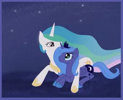 Size: 4616x3728 | Tagged: safe, artist:luciekj, derpibooru import, princess celestia, princess luna, hug, night, s1 luna