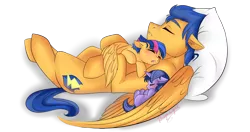 Size: 1900x1000 | Tagged: safe, artist:dragonfoxgirl, derpibooru import, flash sentry, oc, oc:night light jr, oc:starburst, pegasus, pony, unicorn, :o, colt, cuddling, cute, diasentres, eyes closed, father and daughter, father and son, female, filly, floppy ears, hug, male, offspring, on back, open mouth, papa flash, parent:flash sentry, parent:twilight sparkle, parents:flashlight, pillow, scar, siblings, simple background, sleeping, snuggling, starbetes, story in the source, transparent background, vector, weapons-grade cute, winghug