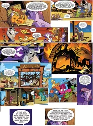 Size: 1322x1782 | Tagged: safe, artist:andypriceart, derpibooru import, idw, applejack, jersey shore (character), king longhorn, sheriff tumbleweed, twilight sparkle, twilight sparkle (alicorn), unnamed pony, alicorn, bull, cow, goat, pony, scorpion, spoiler:comic, spoiler:comic25, apple, carrot, collage, comic, cropped, destruction, female, fire, food, mare, montage, official comic, speech bubble, swirly eyes