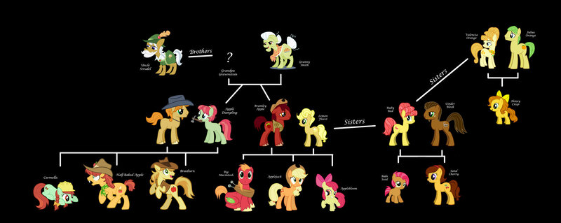 Size: 1600x637 | Tagged: safe, artist:chir-miru, artist:dolphinmoana, artist:kna, artist:quanno3, artist:scrimpeh, artist:silentmatten, derpibooru import, apple dumpling, apple strudel, applejack, aunt orange, babs seed, big macintosh, braeburn, granny smith, half baked apple, uncle orange, oc, oc:bramley apple, oc:cinder block, oc:grandpa gravenstein, oc:honey crisp, oc:lemon floret, oc:ruby red, oc:sand cherry, earth pony, pony, pony creator, apple family, black background, carmella, family tree, headcanon, male, simple background, stallion, the oranges, vector